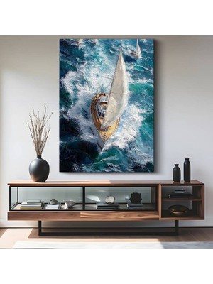 GülsenArt Yelkenli Gemi Fırtınalı Deniz Kanvas Tablo Deniz Macerası Sanatı Tablo