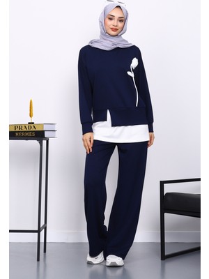 İmaj Butik Lacivert Bisiklet Yaka Gül Detaylı Tunik Pantolonlu Modal Takım