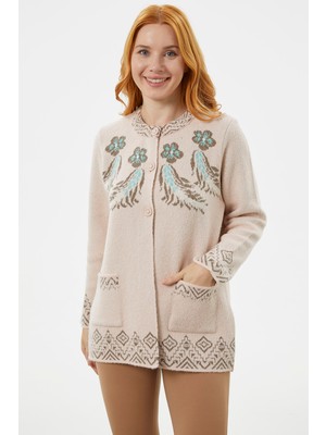 Sementa Hakim Yaka Renkli Desenli Triko Hırka - Pembe