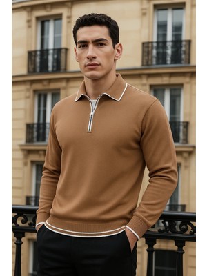 Comstar Erkek Trend Fermuarlı Camel Uzun Kollu Polo Yaka Tişört