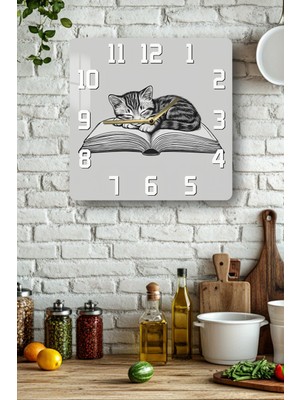 KutuTR Kitap Üstünde Uyuyan Kedi Desenli Temperli Cam Kare Saat 33X33 cm Ebadında Uv Baskı - KCS076