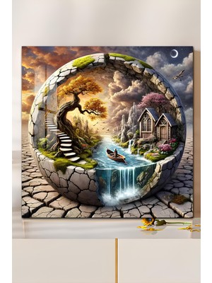 KutuTR 3D Görünümlü Temperli Cam Tablo – Sonsuz Manzara Küresi ve Şelale Teması Uv Baskı 33X33 CM-CTK065
