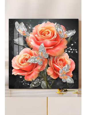 KutuTR 3D Görünümlü Temperli Cam Tablo – Gül ve Kelebek Tasarımı 33X33 cm Ebadında Uv BASKI-CTK087