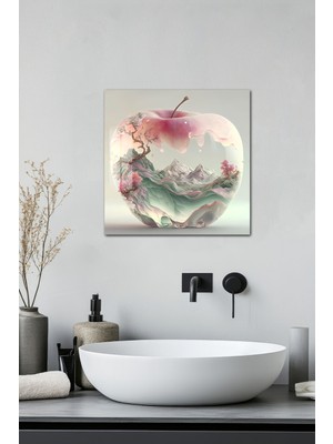 KutuTR 3D Görünümlü Dağ Manzaralı Elma Temalı Temperli Cam Tablo 33X33 cm Uv Baskı -CTK012