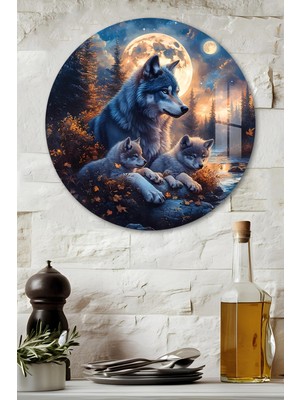 KutuTR 3D Görünümlü Temperli Cam Tablo – Kurt ve Yavruları Temalı Duvar Süsü Uv Baskı 33X33 CM-CDS104