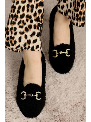 Ayakcity Kadın Gold Tokalı Kışlık Babet Ev ve Dış Mekan Ayakkabısı - Siyah - 38