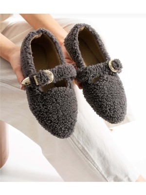 Ayakcity Kadın Tokalı Kışlık Babet Ev ve Dış Mekan Ayakkabısı - Füme - 39