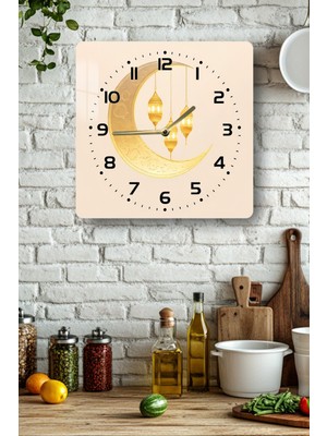KutuTR Hilal ve Fener Desenli Temperli Cam Kare Saat 33X33 cm Ebadında Uv Baskı - KCS089