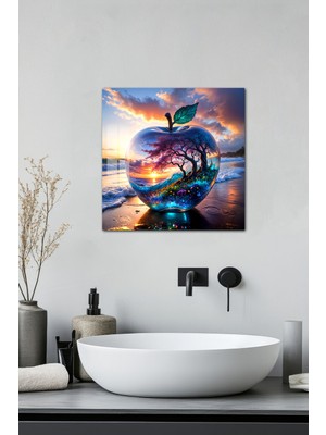 KutuTR 3D Görünümlü Doğa & Elma Temalı Temperli Cam Kare Tablo 33X33 cm Uv Baskı -CTK006