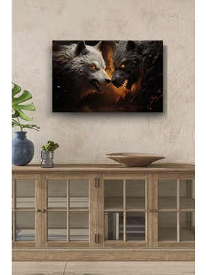 Beyaz ve Siyah Kurtlar Yatay Hd Baskı Kanvas Tablo