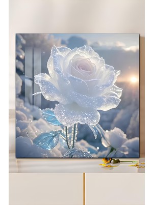 KutuTR 3D Görünümlü Temperli Cam Tablo – Beyaz Gül Temalı Duvar Süsü 33X33 CM-CTK089