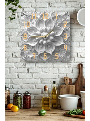 KutuTR Gri Kabartma Çiçek Desenli Temperli Cam Kare Saat 33X33 cm Ebadında Uv Baskı - KCS096