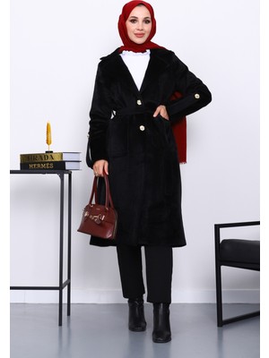 İmaj Butik Siyah Kruvaze Yaka Kol Apoletli Angora Kaban