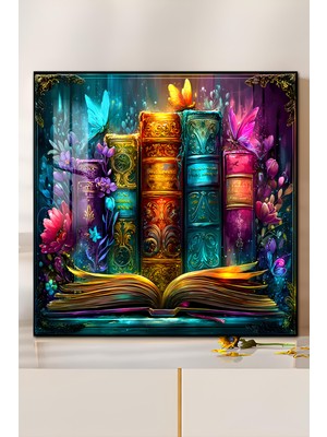 KutuTR 3D Görünümlü Temperli Cam Tablo – Kitap ve Kelebek Temalı Duvar Süsü Uv Baskı 33X33 CM-CTK081