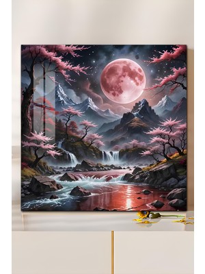 KutuTR 3D Görünümlü Temperli Cam Tablo – Pembe Ay ve Şelaleli Doğa Manzarası Uv Baskı 33X33 CM-CTK077