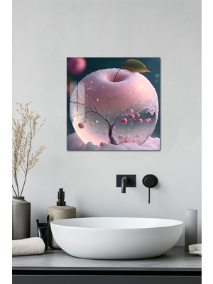 KutuTR 3D Görünümlü Temperli Cam Tablo – Pembe Cam Elma ve Doğa Manzarası Uv Baskı 33X33 cm -CTK009