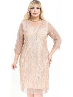 Ladies First Büyük Beden 3994 Altın Kısa Abiye Elbise