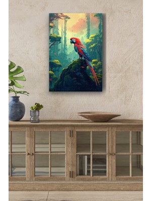 Doğa Içerisindeki Papağan Yağlı Boya Görünümlü Hd Dijital Baskı Dikey Kanvas Tablo