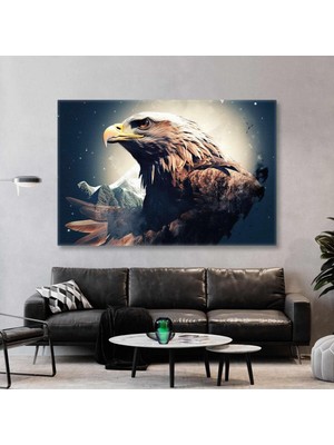 Gece Gökyüzü Dağlar Karizmetik Kartal Kuş Yatay Hd Baskı Kanvas Tablo