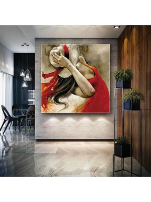 GülsenArt Beyaz Şapkalı Kırmızı Elbiseli Model Dekoratif Kare Hd Baskı Kanvas Tablo