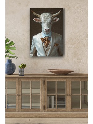 GülsenArt Modernist Takım Elbiseli Beyaz Boğa Yağlı Boya Görünümlü Hd Dijital Baskı Dikey Kanvas Tablo 132