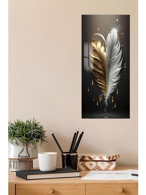 KutuTR Altın ve Gümüş Tüy Temalı Temperli Cam Dik Tablo 30X60 cm Ebadında Uv Baskı - DCT094