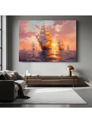 Yelkenli Gemiler Altın Günbatımı Kanvas Tablo Filo Deniz Yolculuğu Tablo