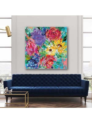 GülsenArt Pembe ve Mor Çiçeklerle Ayçiçeği Buketi Fırça Izleri Kare Hd Baskı Kanvas Tablo