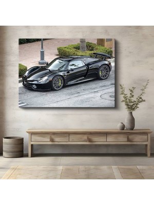 GülsenArt Porsche 918 Spyder Siyah Kanvas Tablo Stuttgart Süper Otomobil Hibrit Tablo