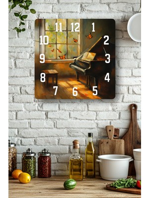 KutuTR Piyano ve Kelebekler Temalı Temperli Cam Kare Saat 33X33 cm Ebadında Uv Baskı - KCS104