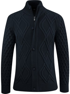 Çizgi Triko Erkek Kalın Örgü Triko Hırka Düğmeli ve Fermuarlı Cepli Klasik Kalıp - 5248M