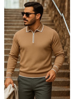 Comstar Erkek Trend Fermuarlı Uzun Kollu Camel Polo Yaka Kazak