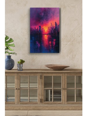 GülsenArt Futuristik Şehir Yağlı Boya Görünümlü Hd Dijital Baskı Dikey Kanvas Tablo