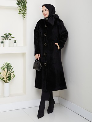 Kadın Düğmeli Fiyonk Modelli Foks Kumaş Şık Kaşe Kaban