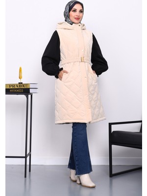 İmaj Butik Krem Kapşonlu Kemerli Şişme Yelek