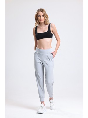 Schlank Kadın Gri Yüksek Bel Cepli Beli Lastikli Esnek Jogger Pantolon