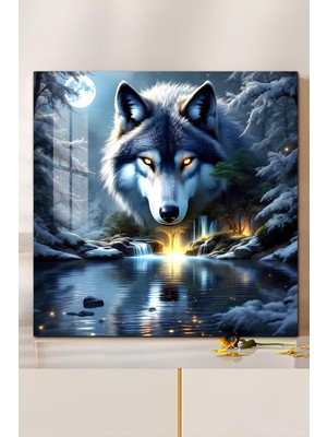 KutuTR 3D Görünümlü Temperli Cam Tablo – Kurt ve Kış Temalı Uv Baskı 33X33 CM-CTK097