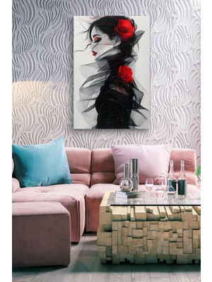 Saçında Gül Detaylı Kadın Yağlı Boya Görünümlü Hd Dijital Baskı Dikey Kanvas TABLO643