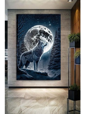 Dolunayda Uluyan Kurt Hd Kalite Hd Baskı Kanvas Tablo Hd Dijital Baskı Dikey Kanvas Tablo 1532