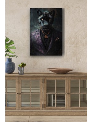 GülsenArt Modernist Kıyafet Giymiş Siyah Leopar Yağlı Boya Görünümlü Hd Dijital Baskı Dikey Kanvas Tablo 1232