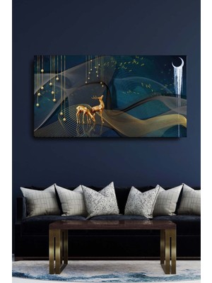 Dekoratif Soyut Altın Geyik ve Kuşlar Sürreal Hd Baskı Yatay Kanvas Duvar Tablosu Tablo