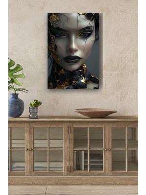 Kırık Porselen Görünümlü Kadın Yüzü Yağlı Boya Görünümlü Hd Dijital Baskı Dikey Kanvas Tablo 231