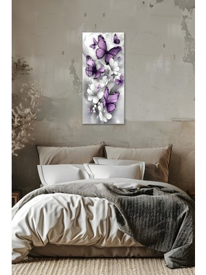 KutuTR Mor Kelebek ve Beyaz Çiçekler Temalı Temperli Cam Dik Tablo 30X60 cm Ebadında Uv Baskı - DCT096