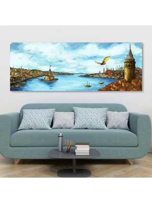 Hezarfen Ahmed Celebi ile Eski Istanbul Manzarası Panoramik Yatay Hd Baskı Kanvas Tablo