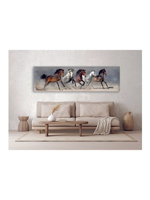 Koşan Atlar Dekoratif Hd Baskı Kanvas Tablo Hd Dijital Baskı Yatay Panoramik Kanvas Tablo