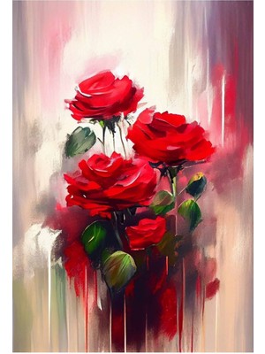 Kırmızı Gül Yağlı Boya Görünümlü Boya Hd Dijital Baskı Dikey Kanvas Tablo Ofis Dekoru