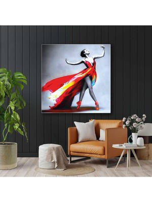 Kırmızı Elbiseli Balerin Dans Tutkusu Kare Hd Baskı Kanvas Tablo