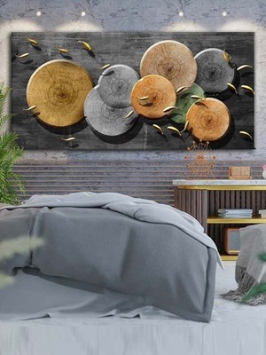 Dekoratif Ahşap Daireler ve Gold Balıklar Dekoratif Hd Dijital Baskı Yatay Panoramik Kanvas Tablo