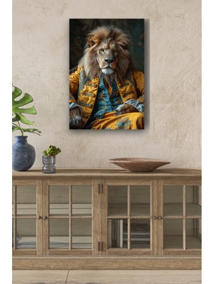 GülsenArt Modernist Kıyafet Giymiş Aslan Portre Yağlı Boya Görünümlü Hd Dijital Baskı Dikey Kanvas Tablo 512