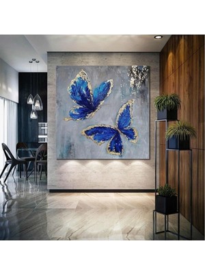 Altın Kanatlı Uçan Mavi Kelebekler Hayvan Doğa Dekor Hd Baskı Kare Kanvas Tablo AR030226